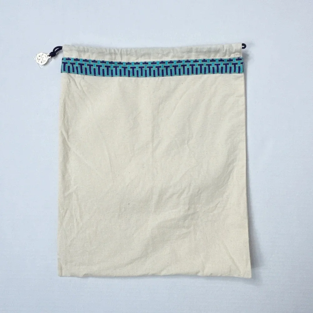 Tory Burch Canvas Dust Bag Pouch‎ Beige Blue Logo Drawstring Accessory Storage